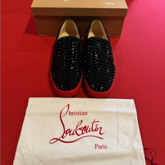 Christian Louboutin Black and Red Spiked Loafers - Picture 3 of 8